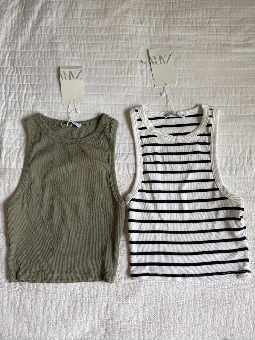 Zara Olive Ribbed Tank & White Black Striped Tank Duo